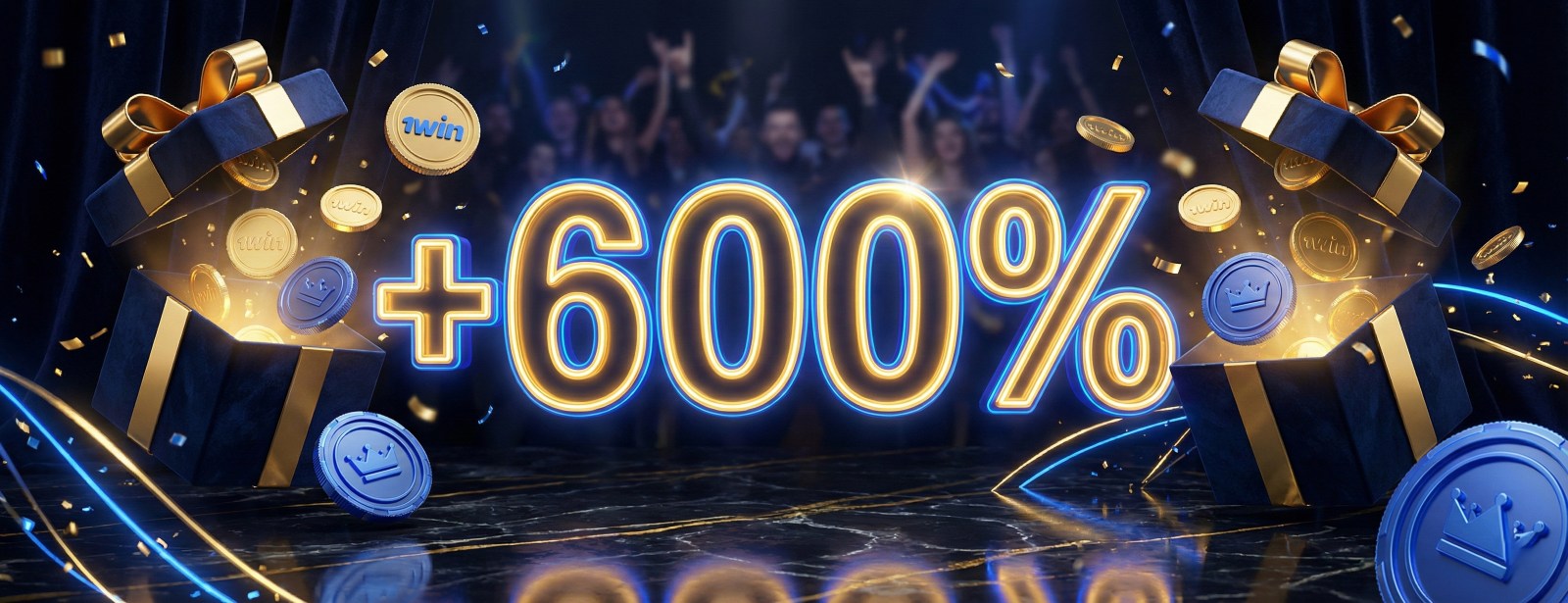Ekskluzywny bonus 1win +600% za płatność kryptowalutą. Złote monety i prezenty na ciemnym, luksusowym tle 1win: Bonus +600% za pierwszy depozyt kryptowalutowy. Graj w kasynie online!